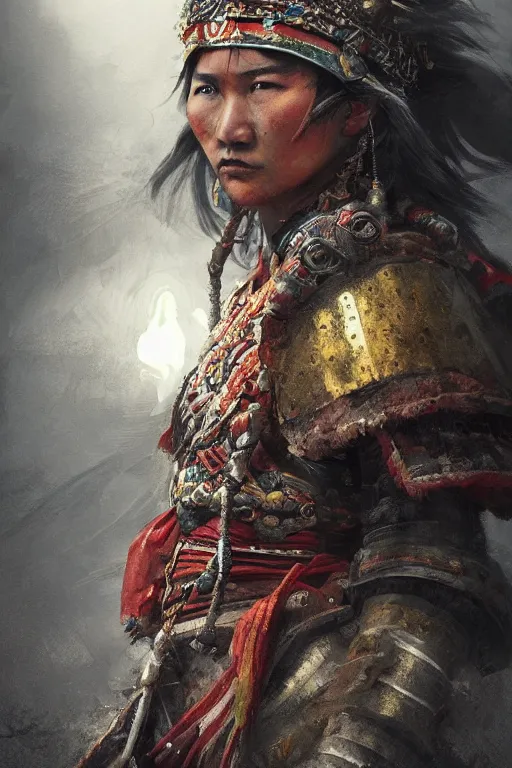 Image similar to Tibetan warrior, portrait, fierce, intricate, elegant, volumetric lighting, scenery, digital painting, highly detailed, artstation, sharp focus, illustration, concept art, ruan jia, steve mccurry