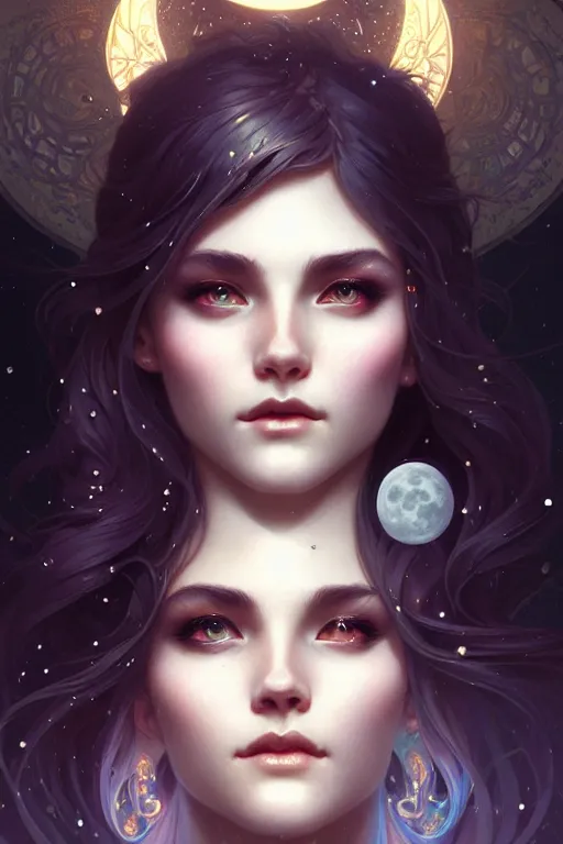 Image similar to the moon goddess closeup filled background around face, fantasy magic, undercut hairstyle, dark light night, intricate, elegant, sharp focus, illustration, highly detailed, digital painting, concept art, matte, art by wlop and artgerm and greg rutkowski and alphonse mucha, masterpiece