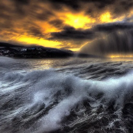 Image similar to tsunami hits bergen norway, real event, realistic, hdr, clear image,