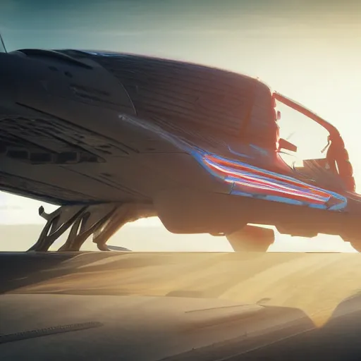 Prompt: cyberpunk alien concept of the a - team van with a pair of airplane wings on the sides flying trough the sky, futuristic look, highly detailed body, very powerful, photorealistic camera shot, crisp quality and light reflections, unreal engine 5 quality render