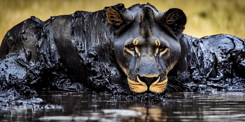 Image similar to a black lioness, made of smooth black goo, bathing inside the lake of black goo, viscous, sticky, full of tar, covered with black goo. dslr, photography, realism, animal photography, color, savanna, wildlife photography, black goo