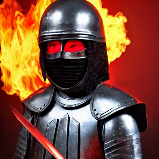 Image similar to a black knight in shining armor, a terrible mask on his face, eyes burning with red fire. a boy is standing next to him and he has a sword in his hands