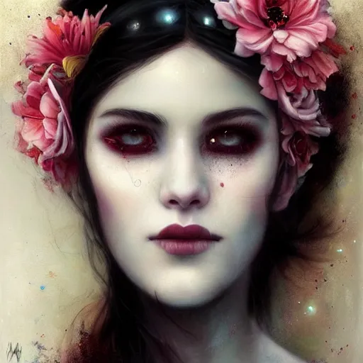 Image similar to A painting of a woman with white makeup and flowers on her head, cyberpunk art by Tom Bagshaw, Deviantart, gothic art, wiccan