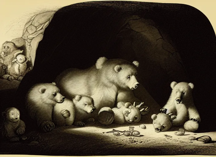 Image similar to Pieter Claesz's 'bear and her cubs sleeping in a dark cave lit by campfire', night time, cross hatching, framed