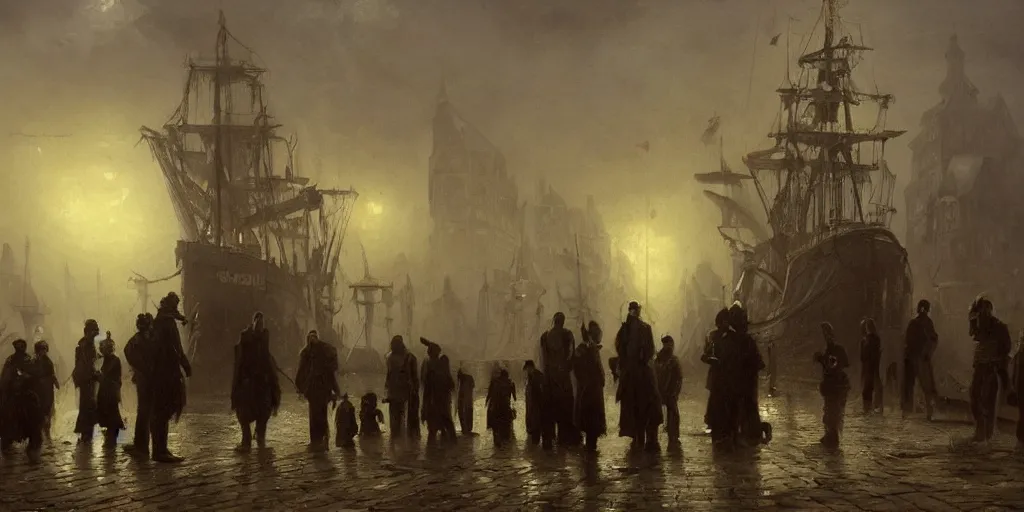 Prompt: streets of innsmouth during the night by the ocean, lovecraftian atmosphere, sailors standing up in front of the house, mutant fishmen walking in the port, mystical fog, oil on canvas, art by andreas achenbach, clemens ascher, tom bagshaw and sabbas apterus,