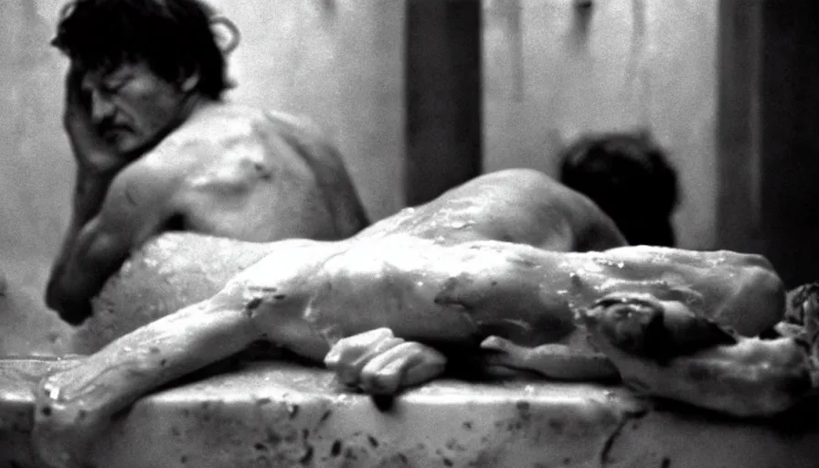 Prompt: 1 9 6 0 s movie still by tarkovsky of jean - paul marat a knife stuck in the chest in his bath, cinestill 8 0 0 t 3 5 mm b & w, high quality, heavy grain, high detail, panoramic, cinematic composition, dramatic light, anamorphic, raphael style, piranesi style, bloody