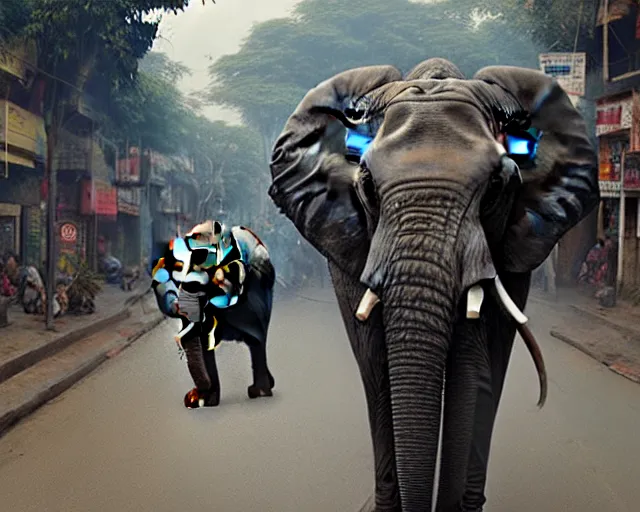 Image similar to An elephant walking down a street in Guwahati city. By Greg Rutkowski, trending on ArtStattion