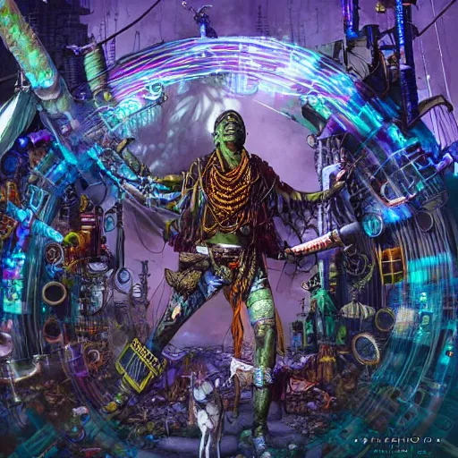 Prompt: an african shaman opening a steampunk portal in a cyberpunk village, by android jones, digital art, trending, afrofuturism