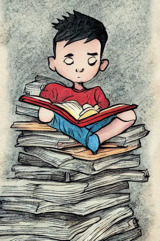 Image similar to a little boy with red hair sits cross legged on top of a tall pile of books. he is reading. clean elegant pretty cartoon painting, beautiful detailed face, storybook illustration.