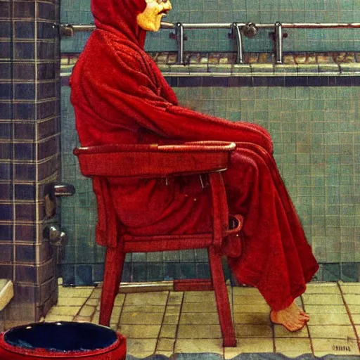 Image similar to a red dragon wearing a bathrobe in a spa, by Norman Rockwell