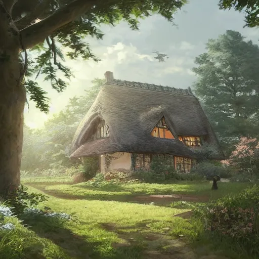 Image similar to concept art painting of an english european cottage with japanese architecture, in the woods, cozy, realistic, detailed, cel shaded, in the style of makoto shinkai and greg rutkowski and james gurney