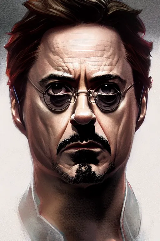 Prompt: robert downey jr as batman, portrait,, highly detailed, digital painting, artstation, concept art, smooth, sharp focus, illustration, cinematic lighting, art by artgerm and greg rutkowski and alphonse mucha