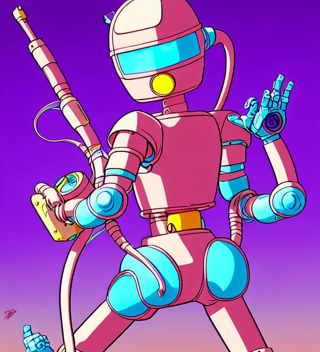 Image similar to retrowave robot rabbit girl, carrying eletro - whip, animation character design by akira toriyama, don bluth, jack kirby, alex toth, capcom, action - adventure, sharp detail, artstation trending, conceptart. com