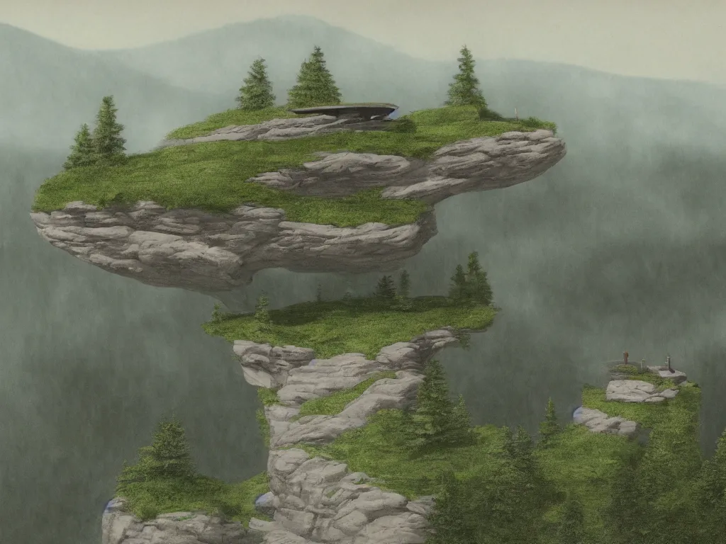 Image similar to A beautiful matte drawing of a small ellipse-shaped building with rounded windows, standing on a large cliff near a coniferous forest. A very thin stone bridge goes over the cliff. View from afar, photorealism, fog, 8k, 16k