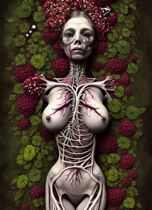 Image similar to beautiful and detailed rotten woman corpse with fractal plants and fractal flowers growing around, muscles, veins, arteries, intricate, organs, ornate, surreal, ray caesar, john constable, guy denning, dan hillier