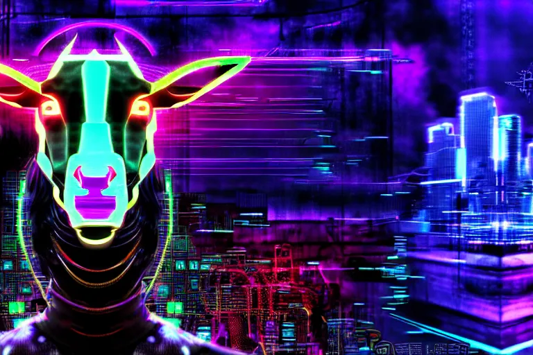 Image similar to complex cyberpunk machine background merged with evil cybernetic goat head in center focus, multicolored digital art