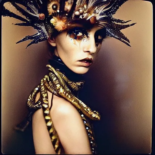 Image similar to kodak portra 4 0 0, wetplate, photo of a surreal artsy dream scene,, weird fashion, in the nature, highly detailed face, very beautiful model, portrait, expressive eyes, close up, extravagant dress, carneval, animal, wtf, photographed by paolo roversi style and julia hetta