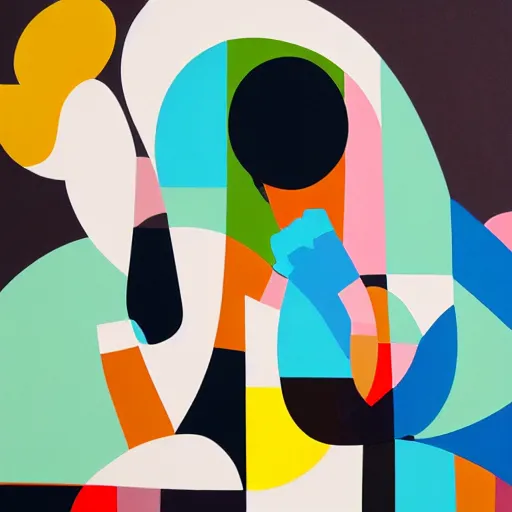 Image similar to close up portrait of a person speaking on the phone, abstract painting in the style of Sophie Taeuber-Arp and Gary Hume and Tatsuro Kiuchi, flat colour-block style, geometric abstraction, dark colours