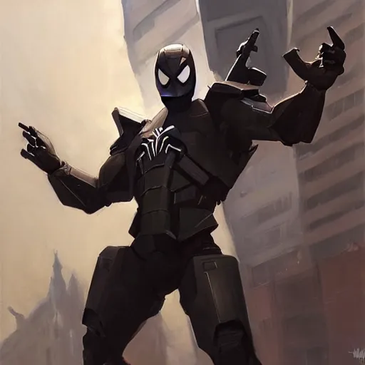 Prompt: greg manchess portrait painting of an armored dark dynamic iron spiderman as overwatch character, medium shot, asymmetrical, profile picture, organic painting, sunny day, matte painting, bold shapes, hard edges, street art, trending on artstation, by huang guangjian, gil elvgren, ruan jia, greg rutkowski, gaston bussiere