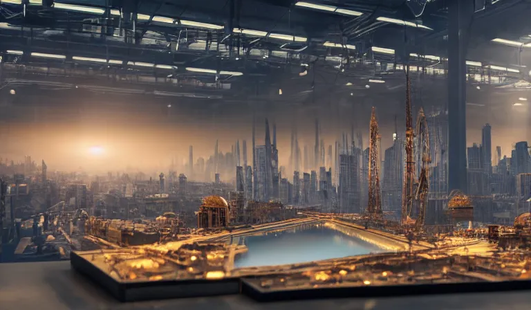 Image similar to group of people in simple warehouse, looking at hologram of futuristic metropolis on a table, cinematic concept art, godrays, golden hour, natural sunlight, 4 k, clear details, tabletop model buildings, center model buildings, hologram center, crane shot, crane shot, crane shot