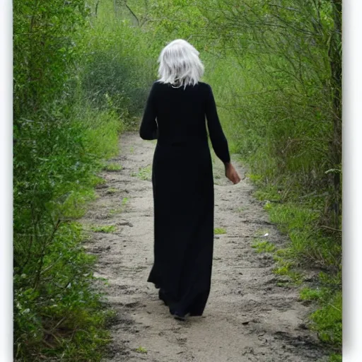 Image similar to tall slender woman with long grey hair in a black dress walking out of a swamp, by graham ingels,