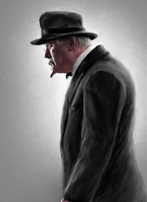 Image similar to a highly detailed illustration of 6 7 year - old clean - shaven chubby white man wearing black detective coat with necktie, heroic pose, strings background, intricate, elegant, highly detailed, centered, digital painting, artstation, concept art, smooth, sharp focus, league of legends concept art, wlop.