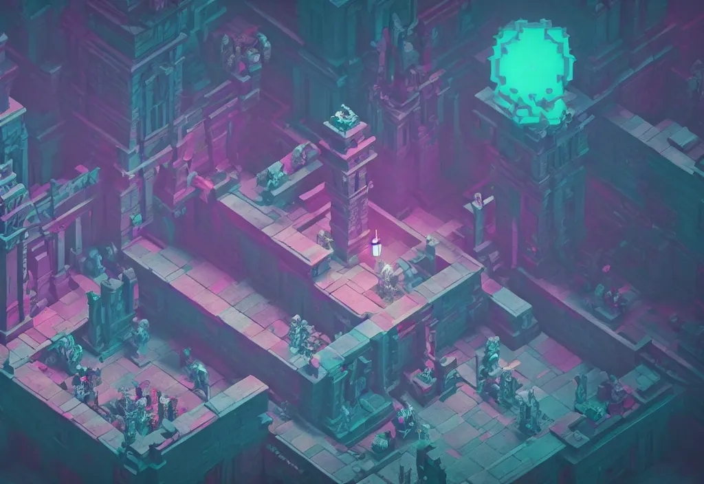 Image similar to isometric magicavoxel Bloodborne vaporwave cinematic lighting, 4k