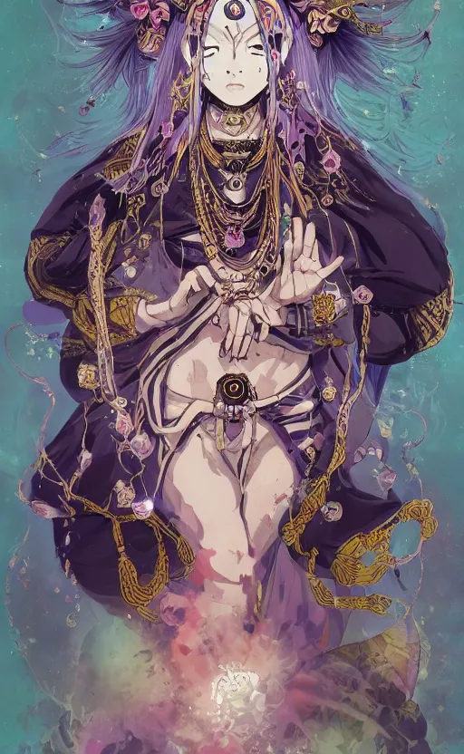 Image similar to tribal priestess, female figure, kimetsu no yaiba, tori, cosmos, galaxy, purple, opalescent ，magical ， symmetrical, dark fantasy, detailed intricate , soft design， atmosphere，by Peter Mohrbacher and Kentaro Miura， high details, artstation, cinematic lighting, epic vibe, epic concept art, photorealistic, environment, volumetric lighting, foggy, super wide angle, ultra wide angle