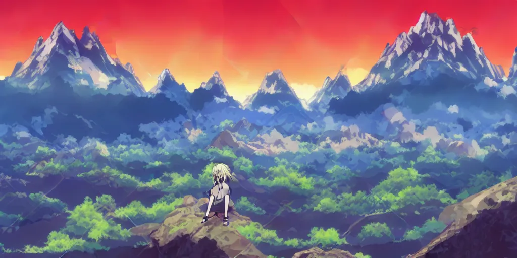 Image similar to anime background, mountains