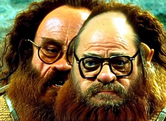 Prompt: film still of danny devito wearing his glasses as gimli in lord of the rings movie, 8 k
