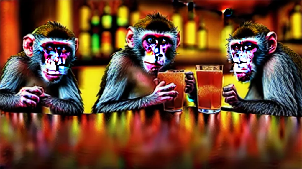 Prompt: monkeys drinking alcohol, inside a bar, vibrant colors, hyper-realistic, extreme detail, sharp photo, beautiful, cinematic 4K