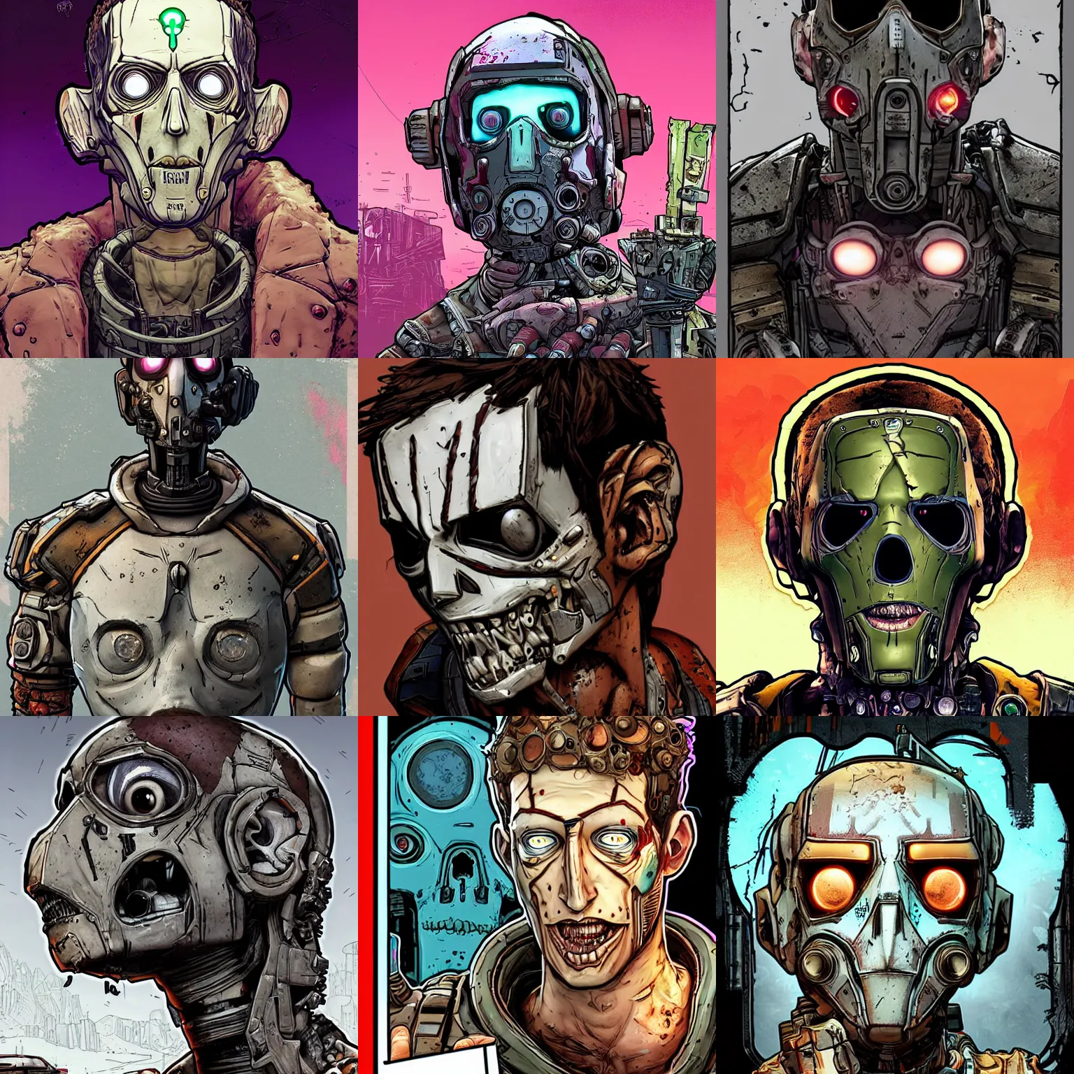 Prompt: borderlands 3 !!! zuckerberg! cell shaded! scary head portrait of half endoskeleton zuckerberg! cyborg as Borderlands 3 concept art, llustration, postapocalyptic grunge, concept art by Laurie Greasley, highly detailed, sharp focus,alien, HQ, 4K ,art by Laurie Greasley