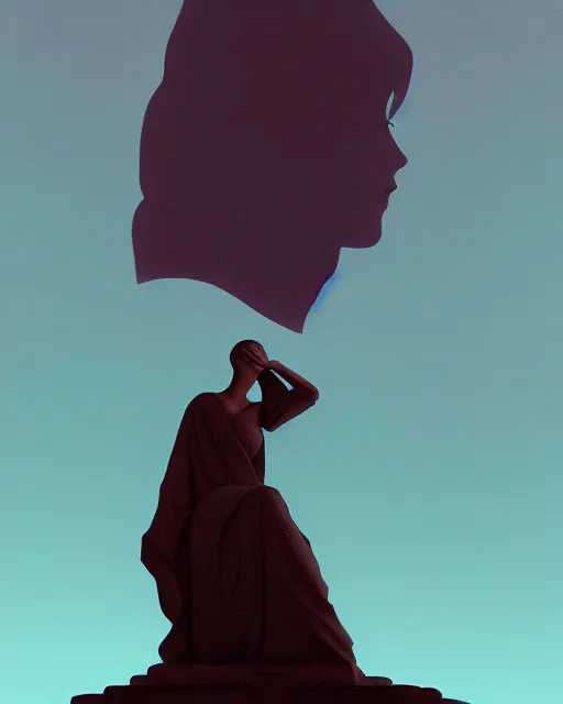 Image similar to a painting of a woman standing in front of a statue, a screenshot by stanley twardowicz, cgsociety, aestheticism, aesthetic, vaporwave, anime aesthetic