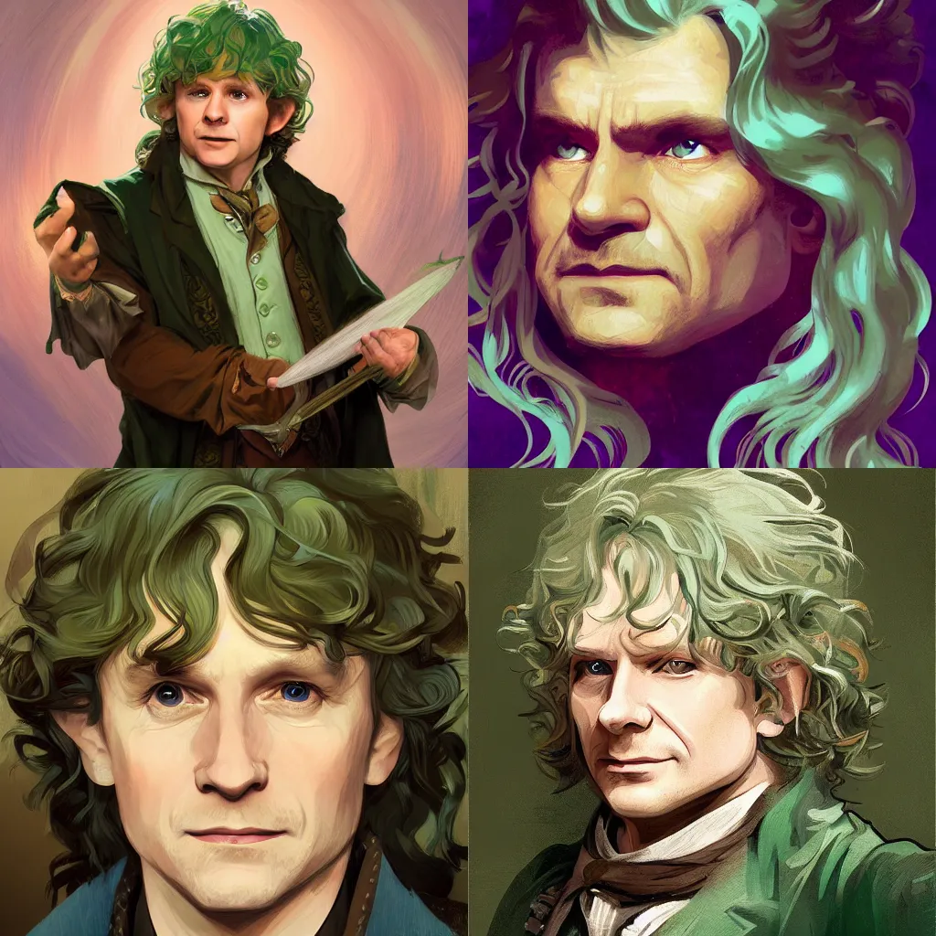 Prompt: bilbo baggins from lord of the rings, digital portrait, high quality brushstrokes and ethereal lighting, flowing hair, mint green and bronze tones, alphonse mucha, diego fernandez, Janice Sung, artstation, deviantart, pixiv