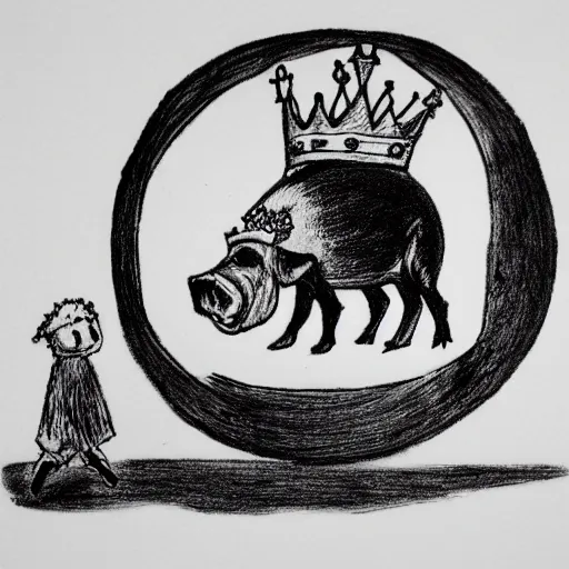 Image similar to walking pig wearing crown ink drawing black and white 35mm