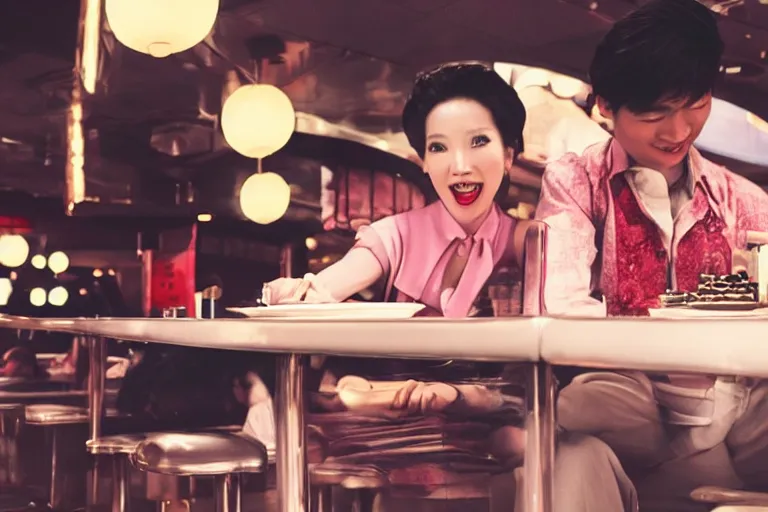 Image similar to movie interior closeup beautiful Chinese fashion model couple teams closeup joking at 50s diner, night in the city, beautiful skin, by Emmanuel Lubezki
