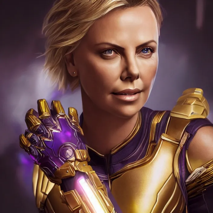 Image similar to portrait of ((Charlize Theron)), wearing The Infinity GAUNTLET. infinity gauntlet. intricate artwork. octane render, trending on artstation, very coherent symmetrical artwork. avengers. thanos. infinity war. cinematic, hyper realism, high detail, octane render, 8k, iridescent accents