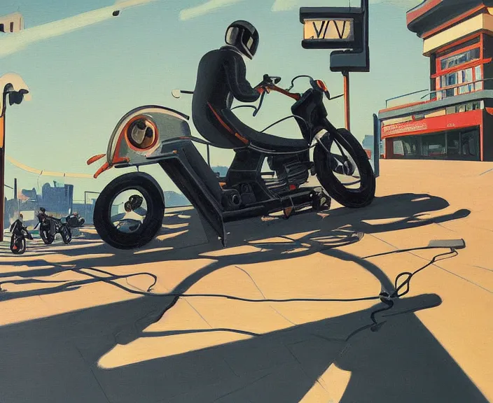 Image similar to a very detailed painting of a astronaut wearing a suit, riding a motorbike down a street, harley davidson motorbike, worm's - eye view, very fine brush strokes, very aesthetic, very futuristic, in the style of edward hopper and grant wood and syd mead, 4 k,