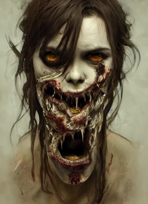 Image similar to a portrait of a zombie with its mouth and eyes sewn shut, full body, leather, hairy, d & d, fantasy, intricate, elegant, highly detailed, digital painting, artstation, concept art, smooth, sharp focus, illustration, art by artgerm and greg rutkowski and alphonse mucha