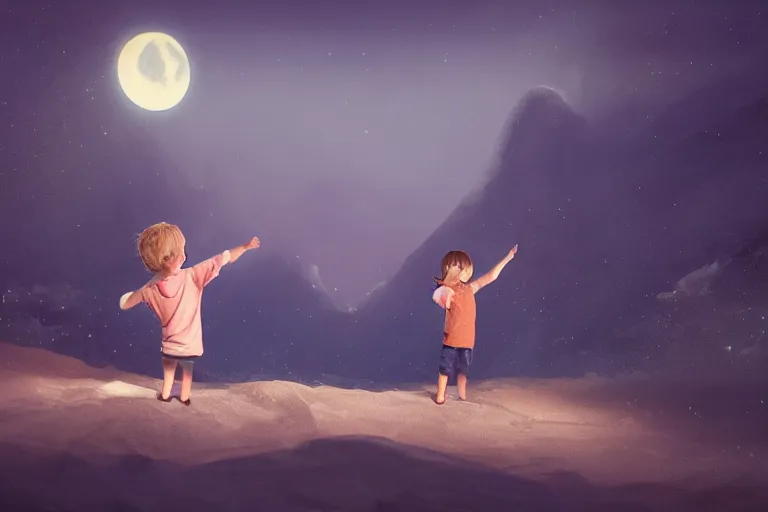 Image similar to a cute little boy and a girl wave their hands for camera, dreamy matte painting, night time, volumetric lighting, smooth, trending on artstation, moonlit backdrop