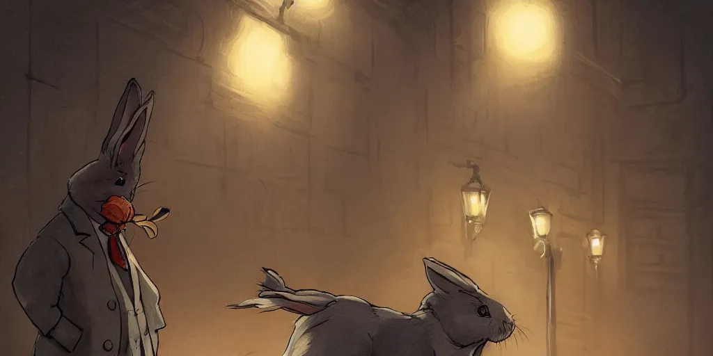 Image similar to rabbit wearing a tie is talking to a femme fatale cat in a dark alley, warm color palette, night time, dramatic lighting, noir film, character sheet, fine details, high contrast, blacksad, kim jung gi, greg rutkowski, trending on artstation, 8 k, front view, back view, ultra wide angle