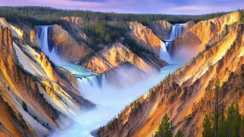 Prompt: Yellowstone river valley, lower falls, matte painting, golden hour, photorealistic