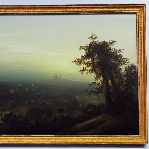 Prompt: city, distant valley, trees, night, dramatic light, oil painting, by caspar david friedrich