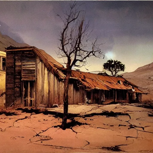 Prompt: empty ghost town by frazetta