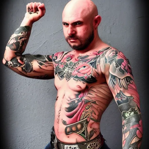 Image similar to muscular bald man, tattooed body, sword in hands, HD, anime style,