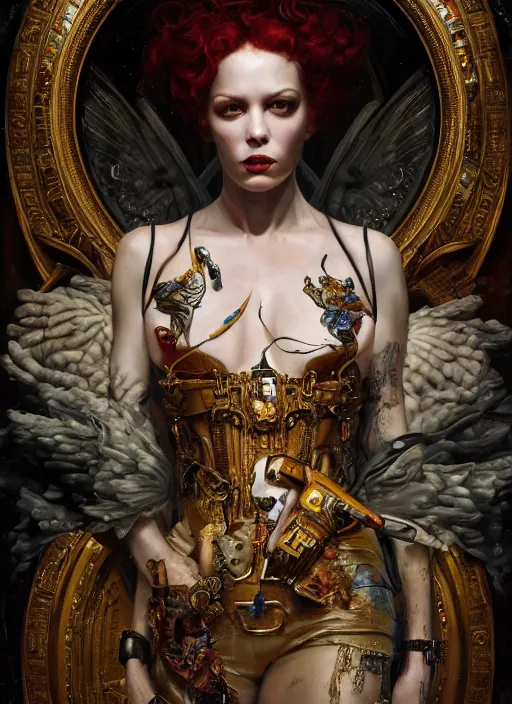 Image similar to highly detailed oil painting | very intricate | cinematic lighting | award - winning | portrait of the goddess of cyberpunk dressed by alexander mcqueen | by roberto ferri, by tom bagshaw, by j. c. leyendecker and klimt, american romanticism, by austin osman spare, artstation, cgsociety, official art, octane