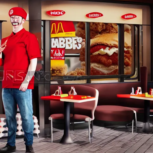 Prompt: macdonalds restaurant staff at war with kfc restaurant staff, hyper real, 8 k, octane render, vivid, bright, photo realistic, city street