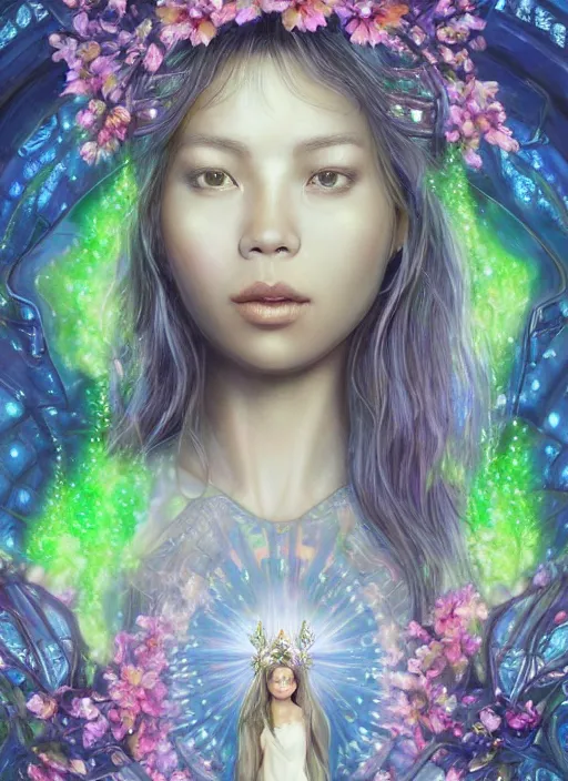 Image similar to portrait of Lalisa Manobal as a Celestial Goddess of a futuristic pearlescent holographic, inside future fighter, sci-fi, fantasy, intricate, lush garden spaceship with sakura season flowers in Kyoto Japan, elegant, human anatomy, royal green and nature light, highly detailed, digital painting, artstation, concept art, smooth, sharp focus, illustration, art by Marvel Studios, masterpiece, 3d blender