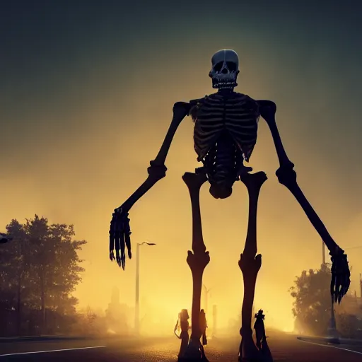 Image similar to Giant skeleton stands in the middle of the street, looks at the sun, volumetric lighting, hyperrealistic, beautiful details, HDR, octane render,