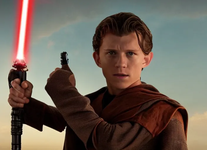 Image similar to tom holland plays anakin skywalker in the live action remake of star wars revenge of the sith, 3 5 mm photography, highly detailed, cinematic lighting, standing pose, holding lightsaber 4 k